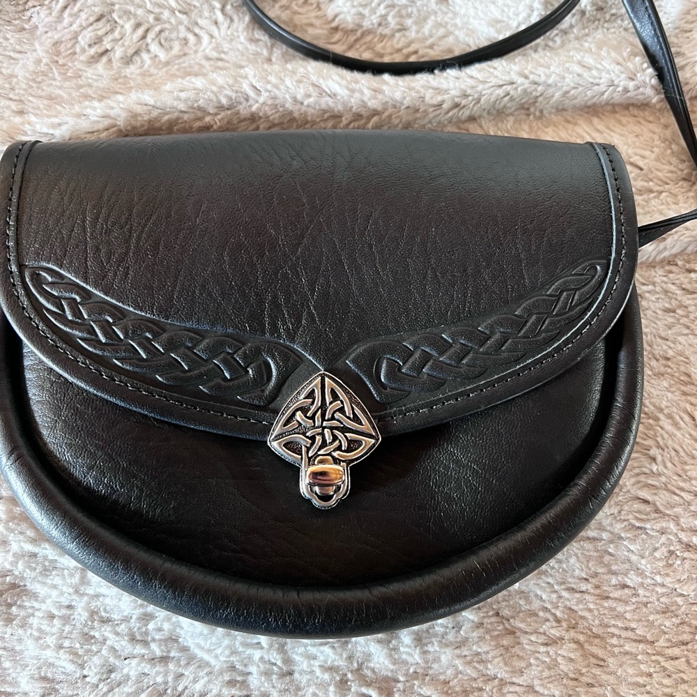 Oberon Design Black Leather Vintage Lilah Celtic Crossbody Purse